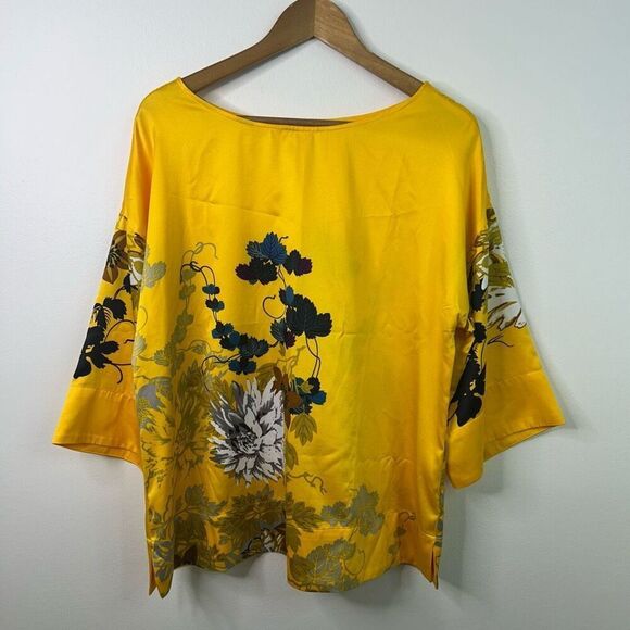 Soft Surroundings Yellow Floral Blouse Medium Satin Kimono Sleeve Tunic Top Boho - Picture 1 of 9